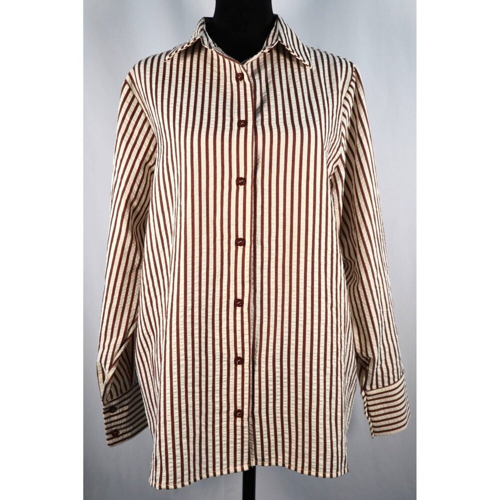 Boohoo women's Striped beach shirt chocolate Button-Up Long Sleeve‎ Size 4 petit